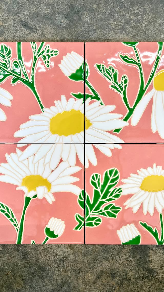Pink daisy hand-painted tile set by Emily Flores