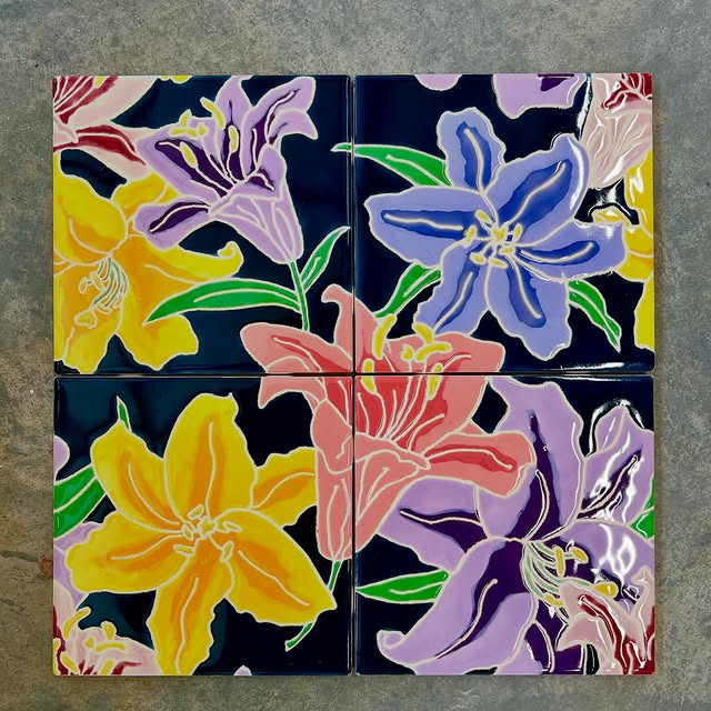 Colorful hand-painted lily tile panel by Emily Flores