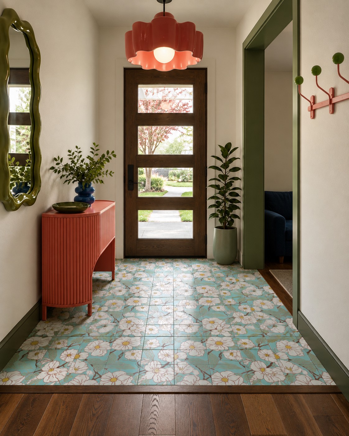 Entryway concept with blue dogwood tile