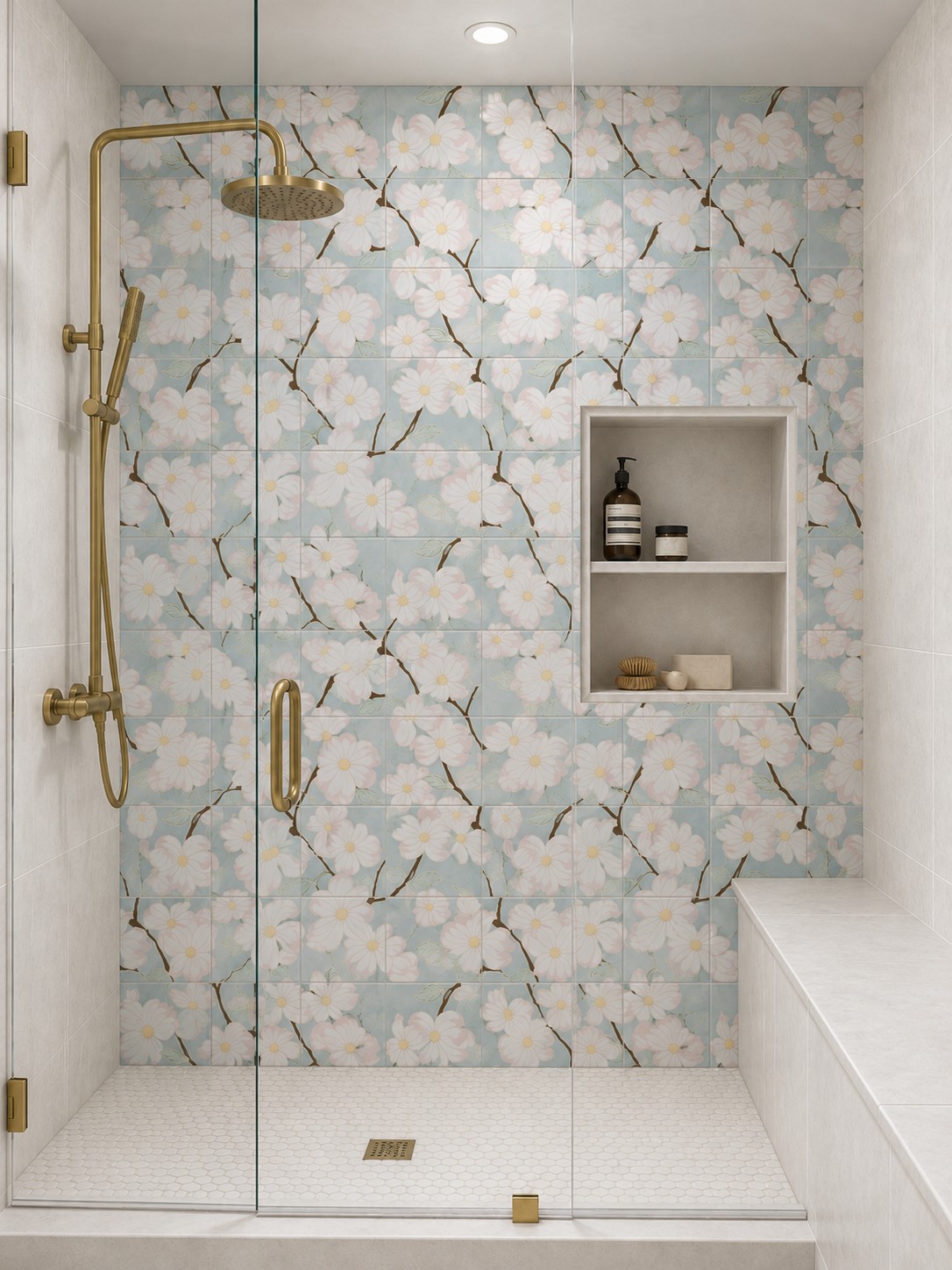 Shower concept with pale blue dogwood tile